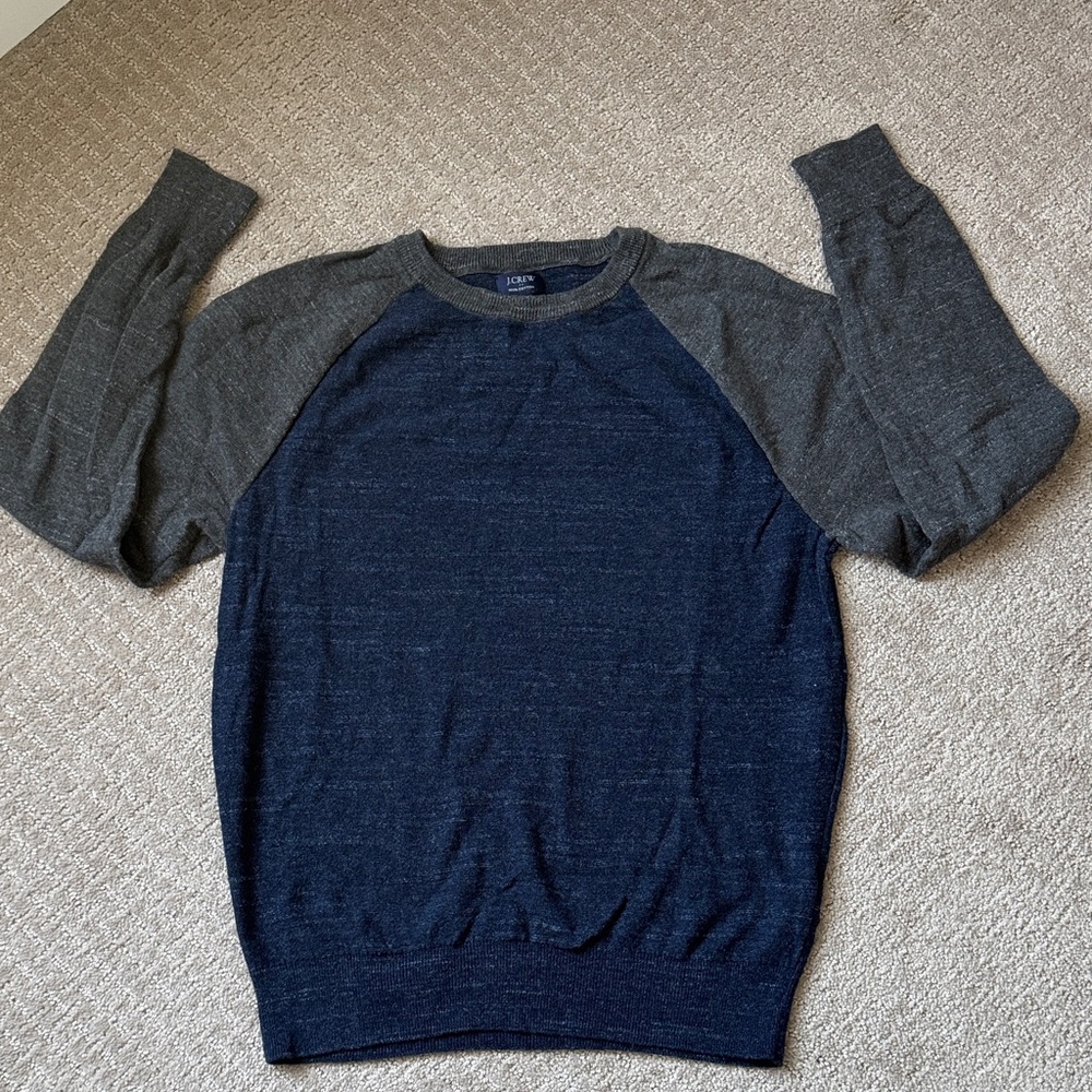 J. Crew Men's Navy Body with Charcoal Raglan Crewneck Sweater
